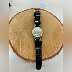 A/X Goldtone W/Crystals Black Leather Band